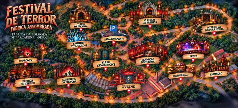 Mapa do recinto do Festival de Terror na Fábrica da Pólvora de Barcarena, com as zonas e experiências